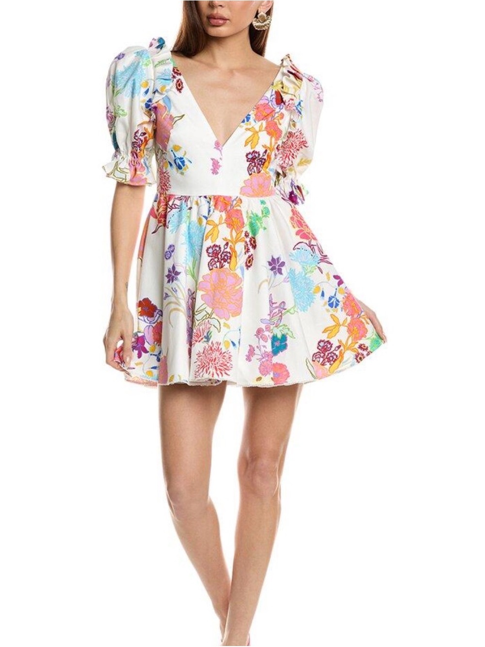White Floral V-Neck Puff Sleeve Mini Dress